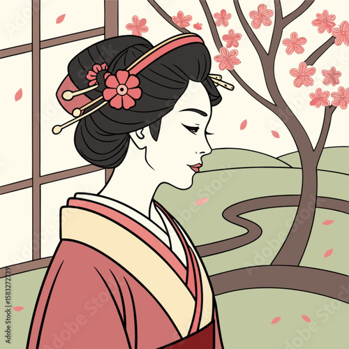 Japanese woman in a beautiful traditional kimono with cherry blossoms, embodying the beauty and culture of Japan