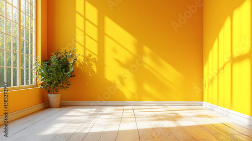 Yellow virtual empty room background backdrop banner image with window for online presentations and zoom meetings