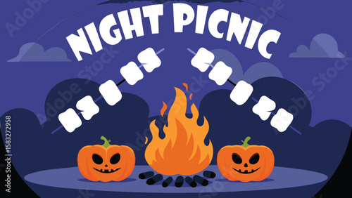 Night picnic scene featuring a campfire, pumpkins, and marshmallows on skewers in a dark background