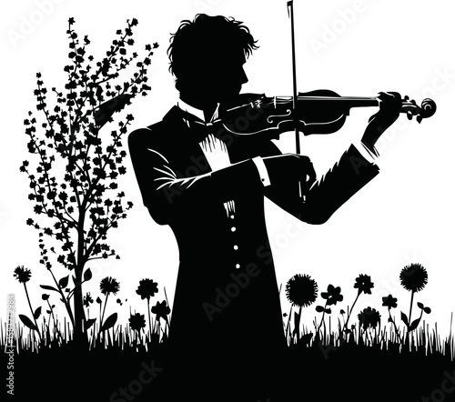 Silhouette of violinist in spring concert isolated vector style on white background