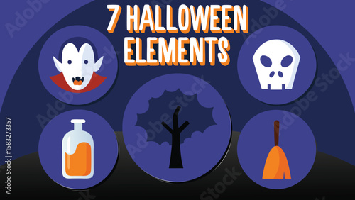 Illustration of halloween elements including a vampire, skull, potion, bat and broom on a purple background