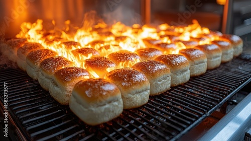 Baked buns are flaming on a metal grate.