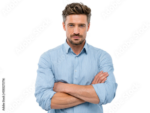 Confident Man Portrait: A portrait of a man with arms crossed, conveying confidence and determination. His light blue shirt and serious expression create a professional yet approachable image. 