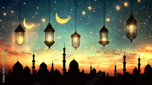 Silhouette city at night with lanterns