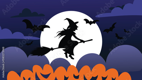 Silhouette of a witch flying on a broomstick with bats and moon in a halloween themed background