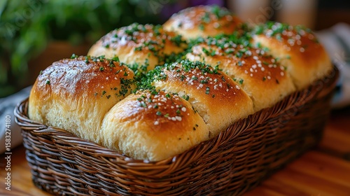 Freshly baked dinner rolls in a wicker basket.