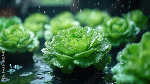 Close-up view of fresh lettuce plants in water.