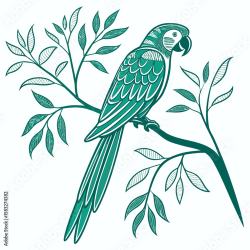Colorful cartoon tropical parrots perch on a jungle tree branch, a vibrant vector illustration of nature's wildlife