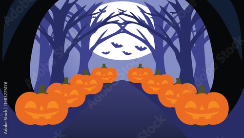 A halloween scene with pumpkins lining a path leading to a full moon and bats in the night sky