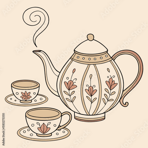Brown ceramic teapot and teacups, isolated for a hot breakfast beverage
