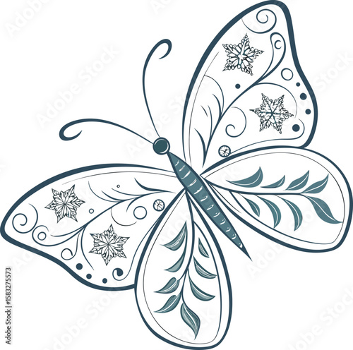 Blue butterfly vector illustration with floral design on white