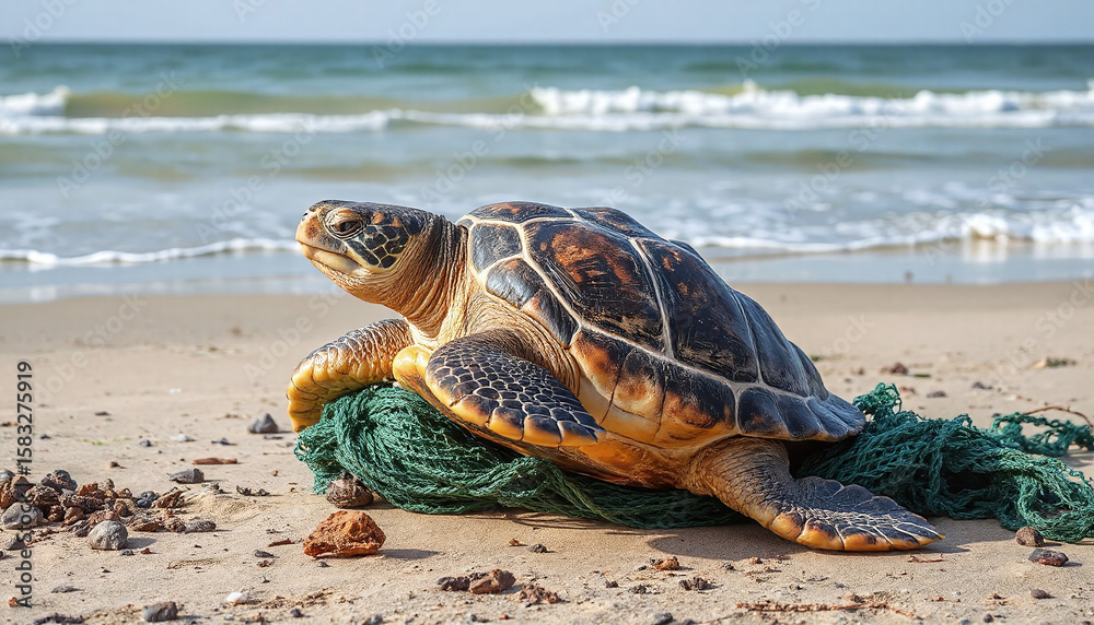Obraz premium Sea Turtle Entangled in Fishing Net on Sandy Beach