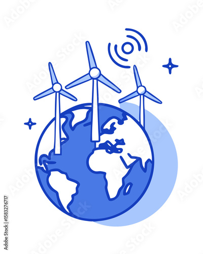 Planet Earth with wind turbines and wireless signal representing renewable energy
