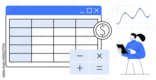 Spreadsheet, calculator icons, money symbol, professional analyzing data on tablet, graph showing trend. Ideal for finance, accounting, data analytics, budgeting statistics projections simple