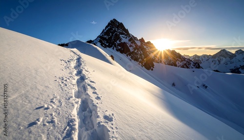 Hiking Through Snowy Mountain Landscape at Sunrise