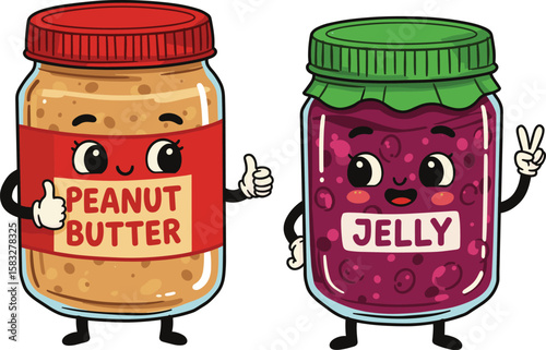 Charming Cartoon Peanut Butter and Jelly Jars with Faces, One Giving Thumbs Up and the Other a Peace Sign, Symbolizing Delicious Pairings and Friendship.