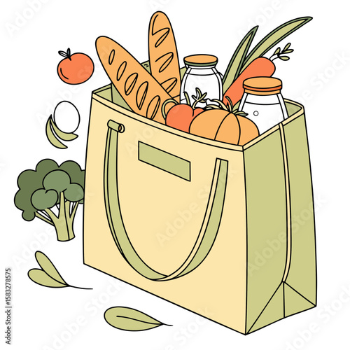 A shopping bag filled with groceries and produce vector