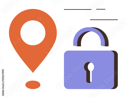 Location pin beside a closed padlock representing secure navigation, data privacy, and protected access. Ideal for cybersecurity, privacy, location services, data protection, navigation apps