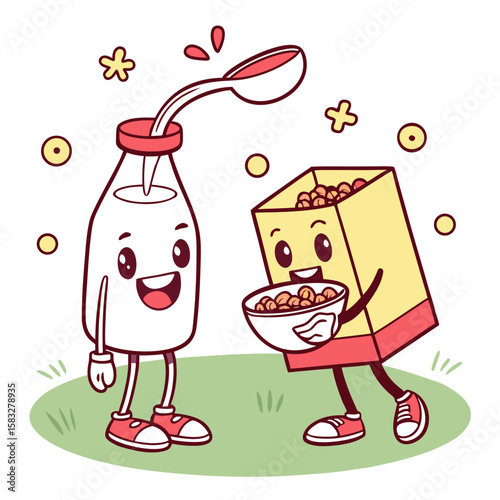 A cheerful milk carton and cereal box character enjoying breakfast together vector