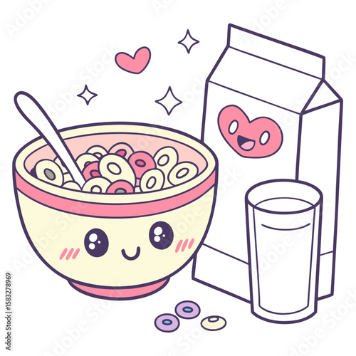 Cute kawaii bowl of cereal with milk and a spoon, smiling vector
