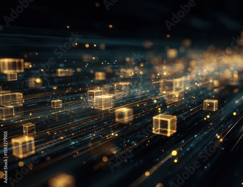 Wallpaper Mural Abstract digital cubes in motion, glowing gold and teal Torontodigital.ca