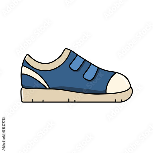 Cartoon Blue Sneaker with Velcro Straps. Casual Shoe Vector Illustration