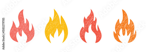 Crayon drawn red fire flames icons collection. Crayon vector logo. Hot fire on white background. Hand drawn doodle flames stickers.