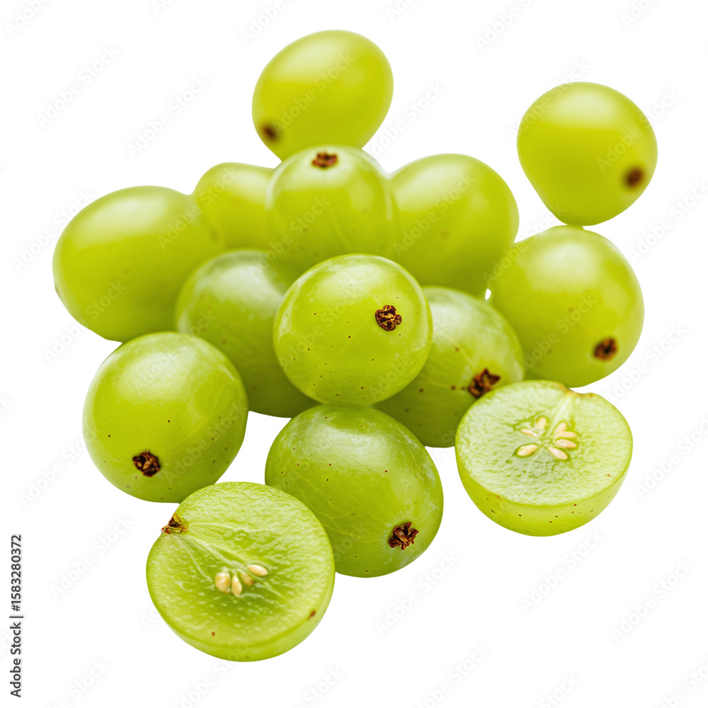 Obraz premium Green Gooseberries with Fresh Cut Slices on Transparent Background