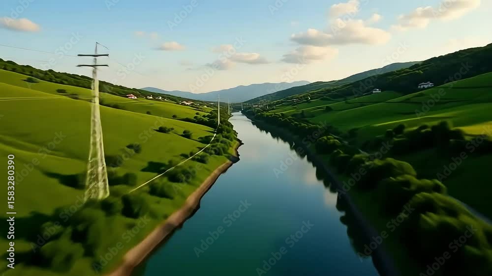 Aerial view of river landscape in mountains with road and green hills at sunset travel destination