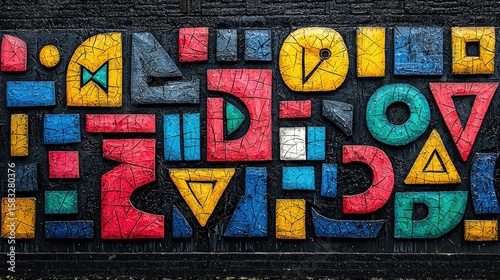 Colorful geometric shapes create a vibrant wall mural.