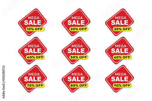 Nine red colored mega sale icons with different discount percentages are displayed prominently