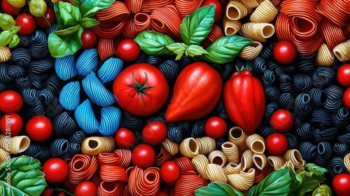 Colorful pasta and vegetables arranged in a detailed still life.