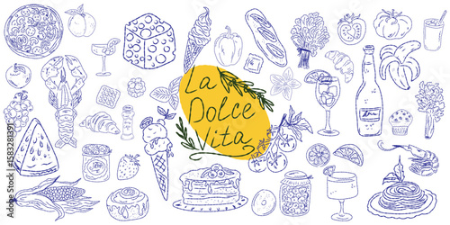 Set of hand drawn summer food icons. Mediterranean la dolce vita. Sketchy whimsical style