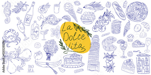 Set of hand drawn summer food icons. Mediterranean la dolce vita. Sketchy whimsical style