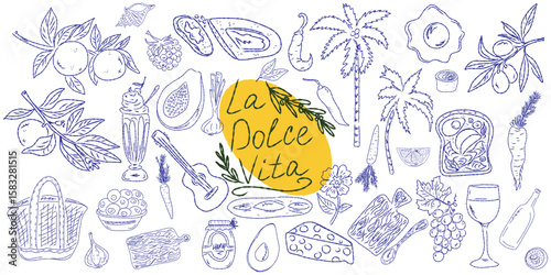 Set of hand drawn summer food icons. Mediterranean la dolce vita. Sketchy whimsical style