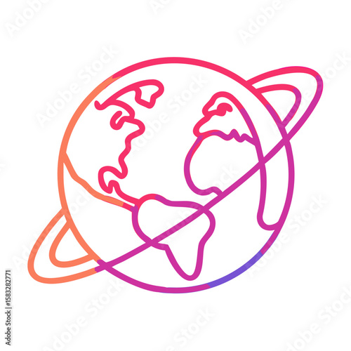 Line art planet earth with rings in colorful gradient design  