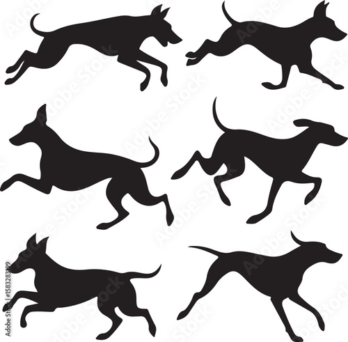 Collection of six black dog silhouettes in various running and jumping poses