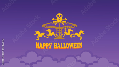 A halloween themed carousel with horses and a skull on a purple background with clouds below