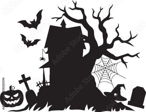 Spooky halloween scene with haunted house bats spider pumpkin and graveyard silhouette