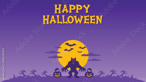 A halloween scene with a werewolf pumpkins bats and the moon under happy halloween text in the sky