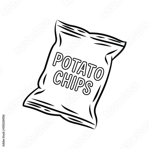 Potato Chips Bag Outline Illustration on White Background Simple Snack