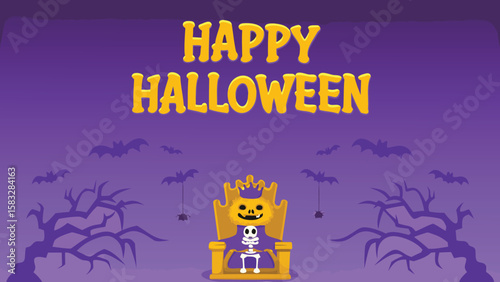 Happy halloween with skeleton on a golden throne with bats and trees on a purple gradient background
