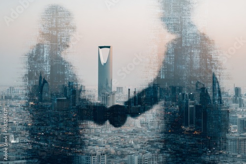 Collaborative potential: saudi cityscape and global business meetings. Strategic locations. Saudi arabia opens real estate market to foreign buyers starting in 2026. Futuristic skyscrapers.