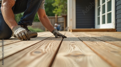 A skilled worker carefully laying wooden planks on an outdoor deck, demonstrating an artistic and professional installation process of vinyl terrace boards under bright daylight.