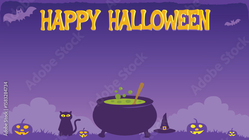 A halloween scene with a cauldron, pumpkins, a cat, bats, and a happy halloween message in the sky