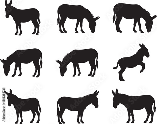 Collection of nine donkey silhouettes in various poses and actions silhouette