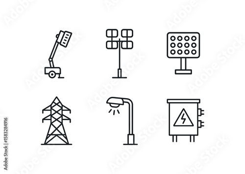 Utility equipment icons set featuring tower, crane, lighting, control box