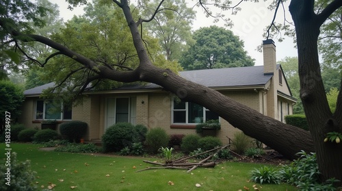 A massive tree has toppled over onto a home's roof in a quiet neighborhood