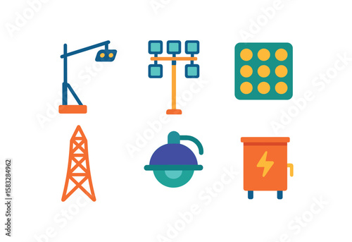 Industrial lighting equipment icons: streetlights, floodlights, electrical panel