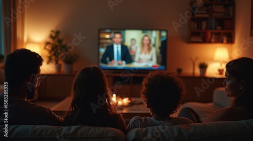 A worried family watches breaking news in their living room during the evening, faces lit by TV, reflecting concern for local events.